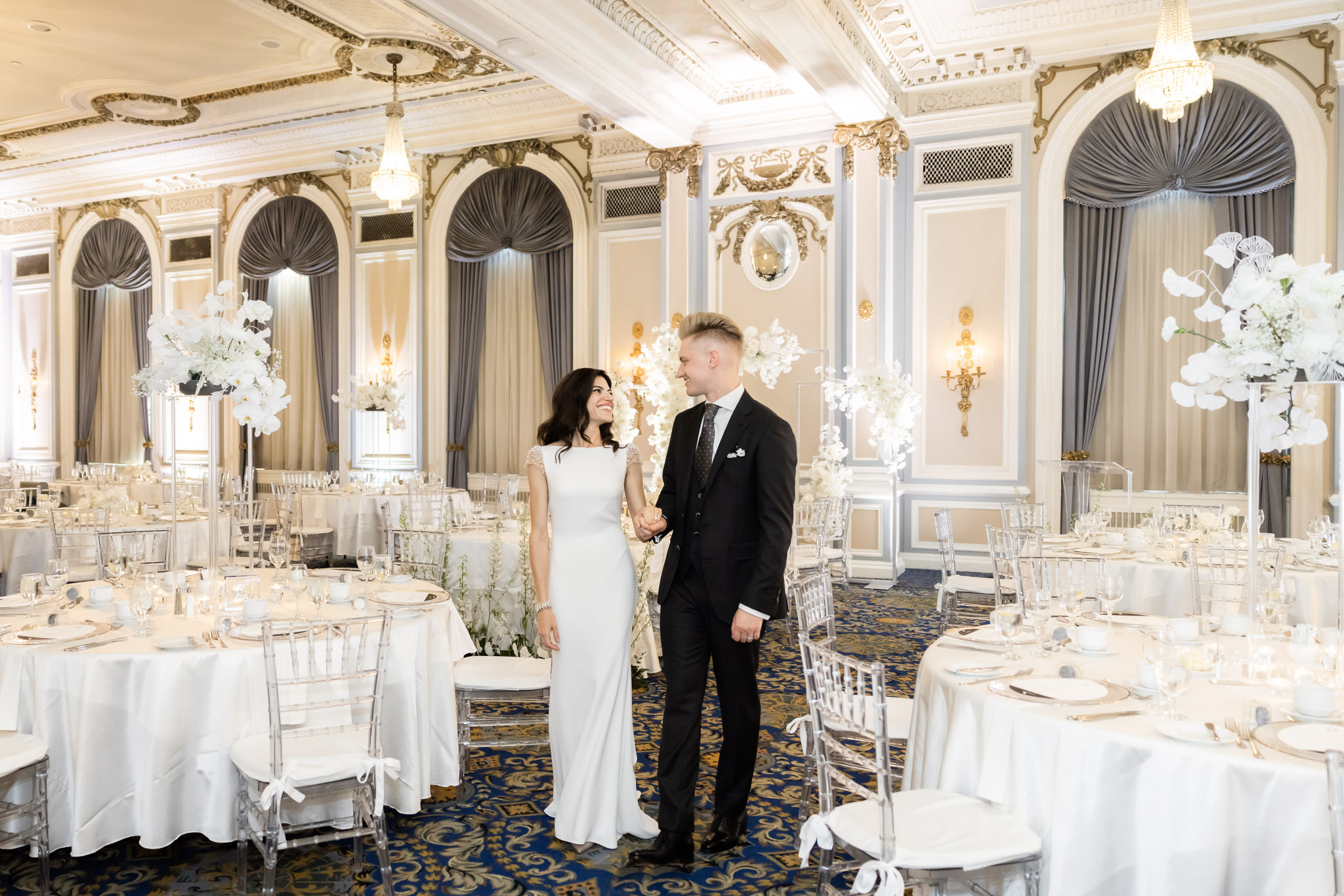 Couple sees wedding reception set up for the first time at The Fairmont Palliser in Calgary